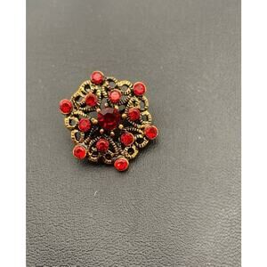 Vintage Small Dainty Gold Tone And Ruby Red Rhinestone Brooch